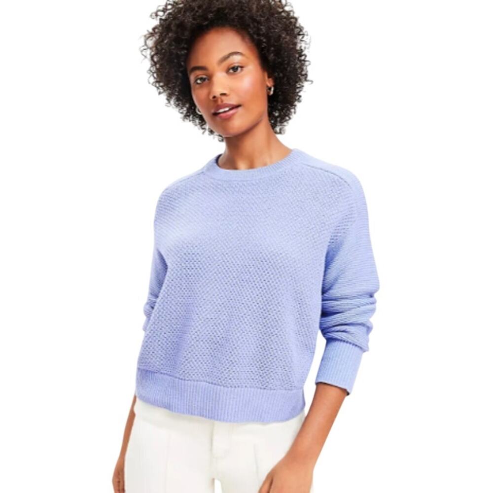 LOFT Petite Textured Saddle Sleeve Sweater Size SP Blue Round Neck